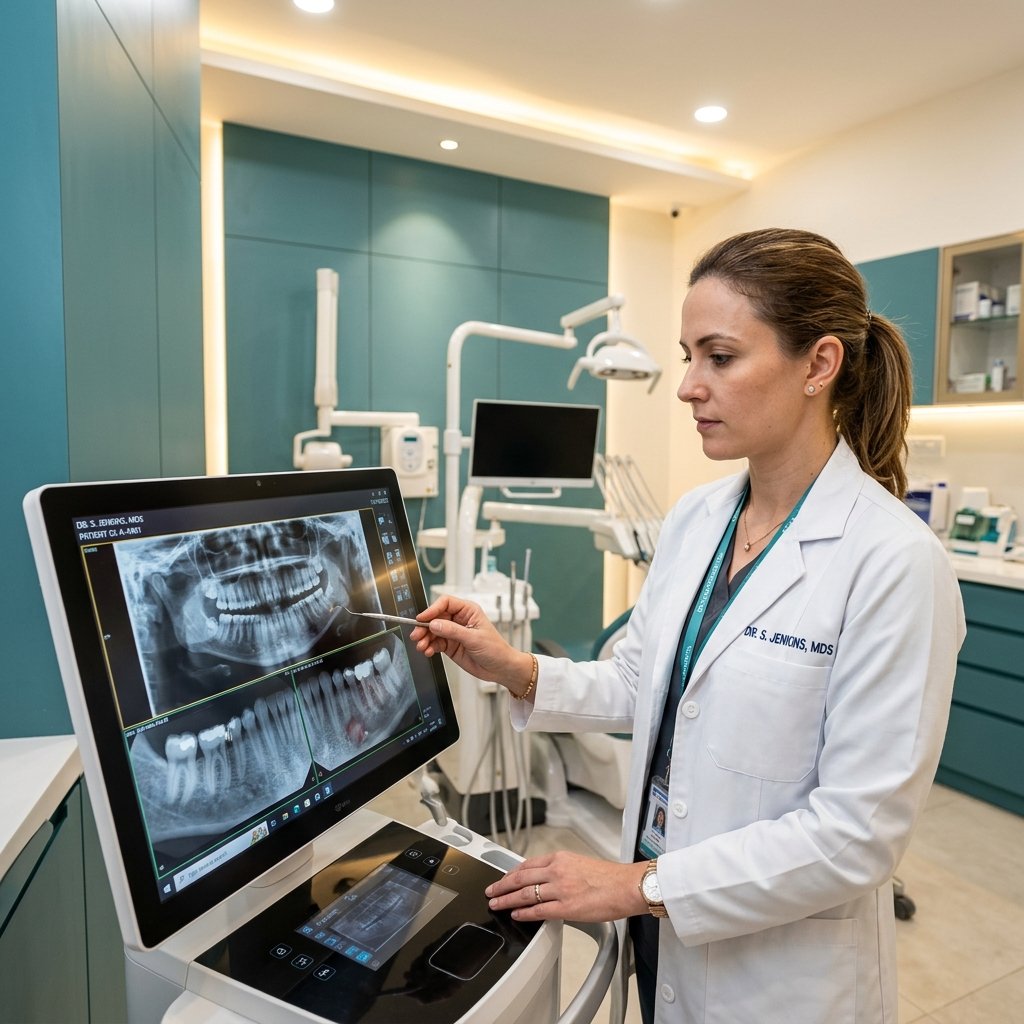 Verified MDS dental specialist examining patient X-ray at a ClinicRanks audited clinic